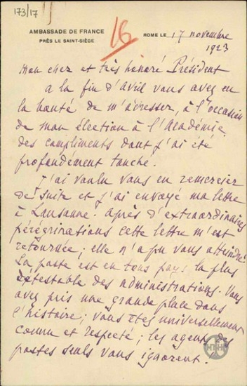Επιστολή του Jonnart προς τον Ε.Βενιζέλο, με την οποία τον ευχαριστεί για τη συγχαρητήρια επιστολή που έστειλε για την εκλογή του στην Ακαδημία.
