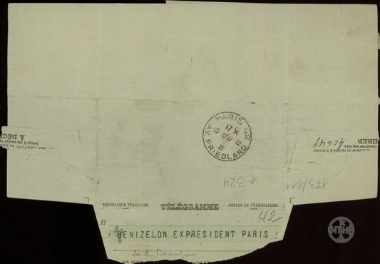 Τηλεγράφημα των Προμπονά, Πραντούνα και Μπενικρή προς τον Ε.Βενιζέλο σχετικά με το θρίαμβο του βενιζελικού συνδυασμού στις εκλογές και την επιθυμία των κατοίκων της Παροναξίας για την επιστροφή του Ε.Βενιζέλου στην Ελλάδα.