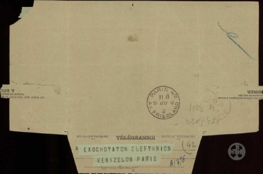 Τηλεγράφημα των Καλδά, Λέλιου, Χαλδέζου και άλλων προς τον Ε.Βενιζέλο σχετικά με την έκκληση του λαού του Πλωμαρίου για την επιστροφή του Ε.Βενιζέλου στην Ελλάδα.