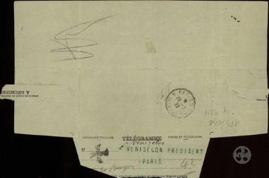 Telegram from G. Soldatos to E. Venizelos, calling on him to return to Greece.