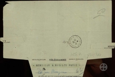 Τηλεγράφημα του Βαμβακά προς τον Ε.Βενιζέλο σχετικά με την εκλογή του Ε.Βενιζέλου στη Θεσσαλονίκη και την επιθυμία των κατοίκων της πόλης για την επιστροφή του.