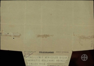 Τηλεγράφημα του Δ.Λαμπράκη προς τον Ε.Βενιζέλο σχετικά με την προκήρυξη εκλογών για την ανάδειξη Προέδρου της Δημοκρατίας και το ενδεχόμενο της υποψηφιότητας του Ε.Βενιζέλου.