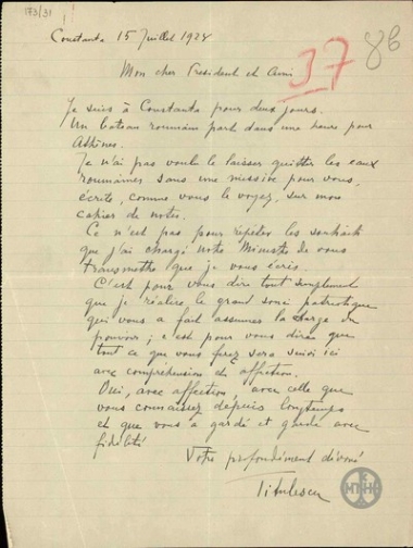 Letter from Titulescu to E. Venizelos, expressing his congratulations for the assumption of his government responsibilities.