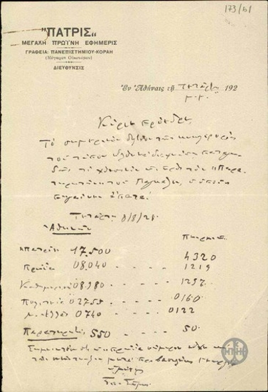 Επιστολή του Σ.Σίμου προς τον Ε.Βενιζέλο, σχετικά με το δελτίο κυκλοφορίας του τύπου της 8/8/1928.