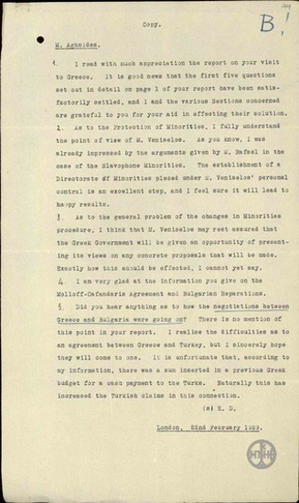 Memorandum from E. Drummond to T. Agnidis, concerning thematter of minorities and Greek - Bulgarian relations.
