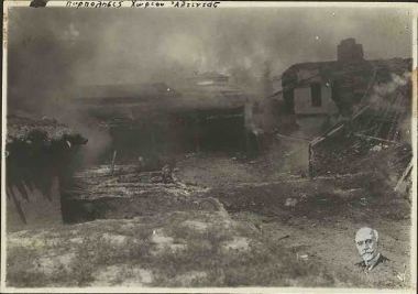 Fire in the village of Altidaz, set by Turks during their departure.