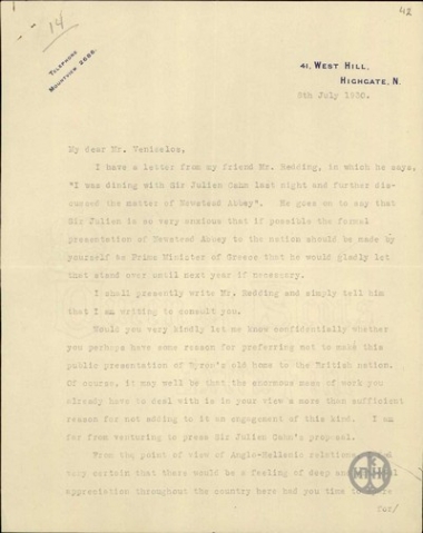 Επιστολή του Crosfield προς τον Ελ. Βενιζέλο σχετικά με την παρουσίαση του Newstead Abbey στο αγγλικό έθνος από τον Ελ. Βενιζέλο.