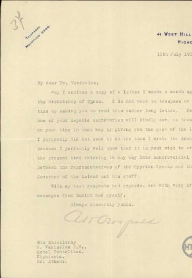 Επιστολή του Crosfield προς τον Ελ. Βενιζέλο, στην οποία του κοινοποιεί επιστολή του προς τον Αρχιεπίσκοπο Κύπρου.