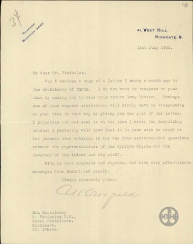 Επιστολή του Crosfield προς τον Ελ. Βενιζέλο, στην οποία του κοινοποιεί επιστολή του προς τον Αρχιεπίσκοπο Κύπρου.