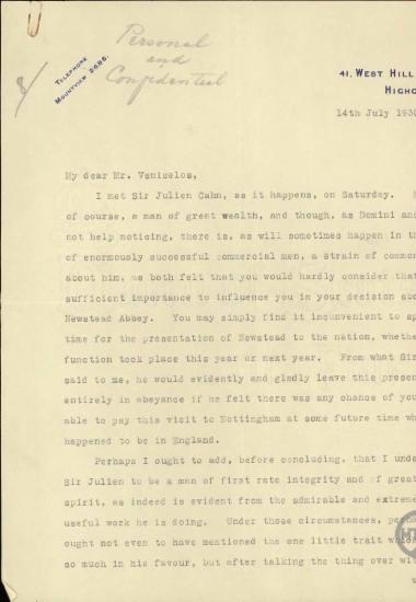 Επιστολή του Crosfield προς τον Ελ. Βενιζέλο σχετικά με την παρουσίαση του Newstead Abbey στο αγγλικό έθνος από τον Ελ. Βενιζέλο.