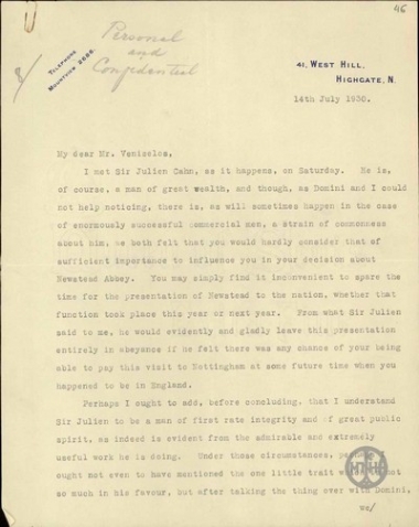 Επιστολή του Crosfield προς τον Ελ. Βενιζέλο σχετικά με την παρουσίαση του Newstead Abbey στο αγγλικό έθνος από τον Ελ. Βενιζέλο.