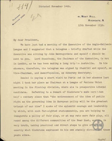 Συγχαρητήρια επιστολή του A. Crosfield προς τον Ελ. Βενιζέλο σχετικά με την εξωτερική του πολιτική και το ελληνοτουρκικό σύμφωνο φιλίας.