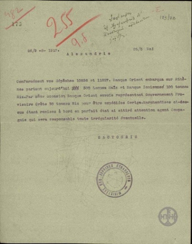 Τηλεγράφημα του Α.Σακτούρη σχετικά με την αποστολή προμηθειών.