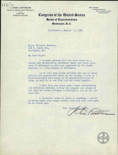 Επιστολή του J.Chas. Linthicum προς τον N. Modinos σχετικά με το διορισμό υποπροξένου στη Βαλτιμόρη.