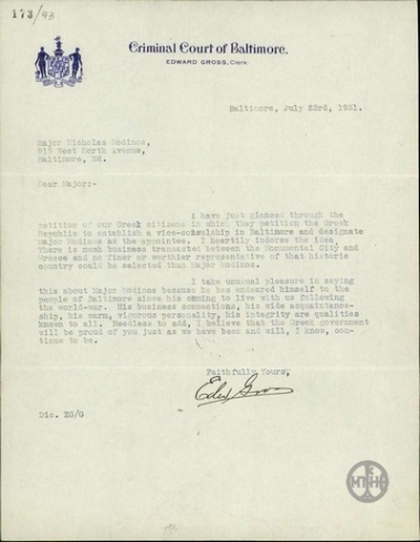 Επιστολή του Edward Gross προς τον Ν. Μοδινό σχετικά με τον διορισμό υποπροξένου στη Βαλτιμόρη.