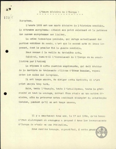 Ομιλία του Γουντεχόφεν - Καλέργη για την ένωση της Ευρώπης.