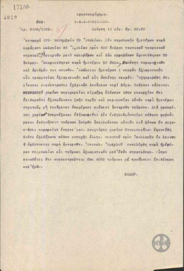 Τηλεγράφημα του Κ.Νίδερ προς τον Ελ.Βενιζέλο σχετικά με την επικείμενη επίθεση Τούρκων σε Έλληνες.