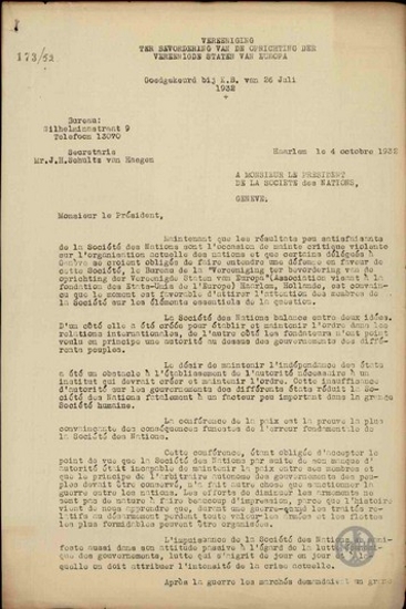 Επιστολή της Association pour but des États Unis de l' Europe προς τον Πρόεδρο της Κοινωνίας των Εθνών σχετικά με την πρόταση υπέρ της ενοποίησης των κρατών της Ευρώπης.