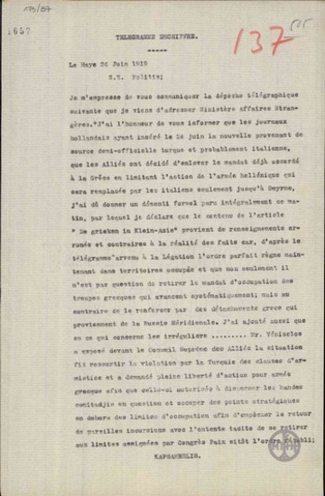 Telegram from E. Kapsabelis to N. Politis regarding a publication by the Dutch press on the position of the Allies toward Greece.
