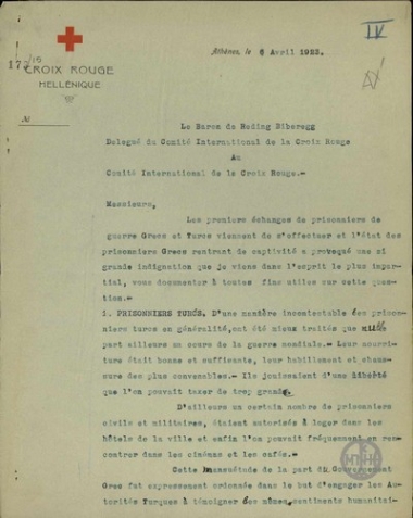 Report by Biberegg, Representative of the International Committee of the Red Cross and Baron of Reding, to the International Committee of the Red Cross regarding the exchange of Greek and Turkish detainees.