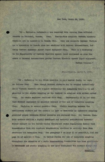 Τηλεγράφημα της Durham & Company σχετικά με τεχνικά στοιχεία των συστημάτων της.