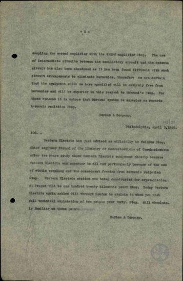 Telegram by Duhram & Comapany on the system of Western Electric in Czechoslovakia and the possibility of being provided with a technical explanation by Gill.