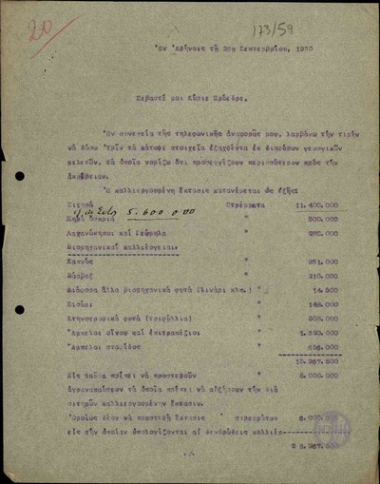 Επιστολή του Ι. Καραμάνου προς τον Ε. Βενιζέλο σχετικά με την κατανομή της καλλιεργούμενης έκτασης.