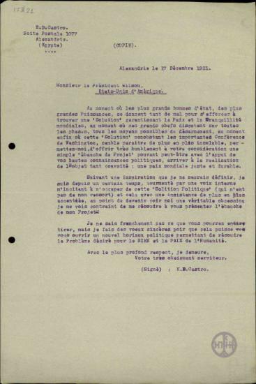 Επιστολή του E.D. Castro προς τον Πρόεδρο των Ηνωμένων Πολιτειών Γουίλσον για τη συμφιλίωση και το καλό της ανθρωπότητας.
