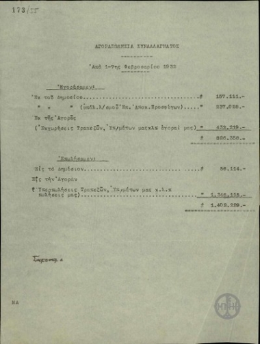 Note by the Bank of Greece regarding the  sale and purchase of exchange from February 1 to February7, 1932.