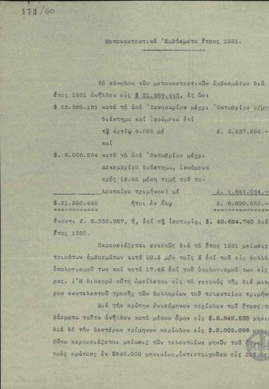 Σημείωμα της Τράπεζας της Ελλάδος σχετικά με τα μεταναστευτικά εμβάσματα του έτους 1931.