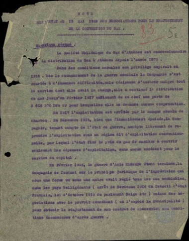 Memorandum by the Greek Gaslight Company of Athens regarding the negotiations with the Greek government, begun on May 15 1929, for a re-negotiation of the gaslight agreement.