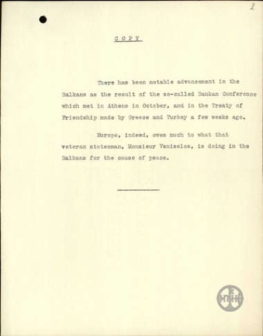 Περικοπή ομιλίας του Υπουργού Εξωτερικών της Αγγλίας, A.Henderson, στην οποία κάνει λόγο για το ρόλο του Ε.Βενιζέλου για την ειρήνη στα Βαλκάνια.