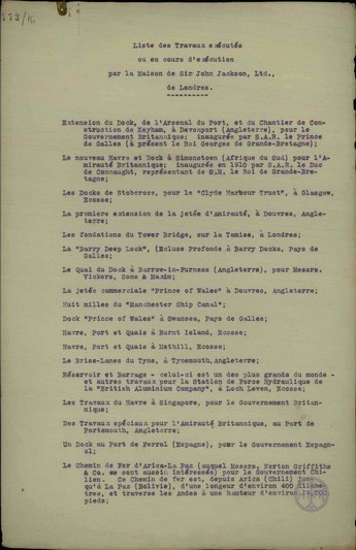 Κατάλογος των έργων που έχει εκτελέσει η Sir John Jackson Limited.
