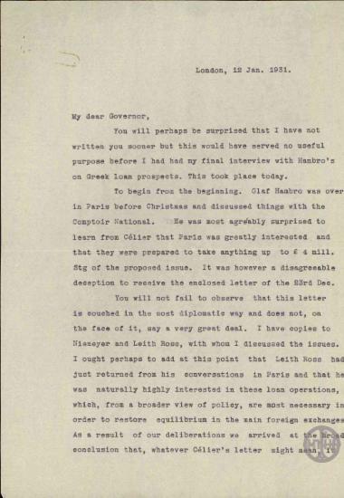 Επιστολή του H.C.F.Finlayson προς τον Αλ.Διομήδη σχετικά με το ελληνικό δάνειο από την Hambro.