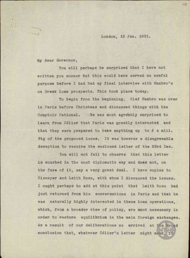 Επιστολή του H.C.F.Finlayson προς τον Αλ.Διομήδη σχετικά  με το ελληνικό δάνειο από την Hambro.
