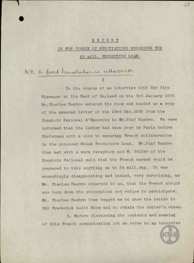 Report on the course of negotations regarding the £ 8 mill. productive loan.