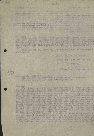 Επιστολή του Διευθυντή του τμήματος Μειονοτήτων της Κ.τ.Ε. M. Aguirre de Carcer προς τον Αρμένιο O. Essayan με την οποία τον πληροφορεί ότι δεν έχει κάτι περισσότερο να προσθέσει από όσα του είχε διαμηνύσει με τις επιστολές στις 20 Ιανουαρίου και 13 Φεβρουαρίου 1928 σχετικά με το ζήτημα της επανεγκατάστασης των Αρμένιων προσφύγων στην Μ. Ασία.