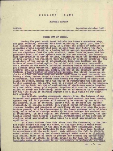 Δημοσιευμένη αναφορά της Midland Bank για την αντιμετώπιση της κατάστασης μετά την απομάκρυνση της στερλίνας από το χρυσό κανόνα.