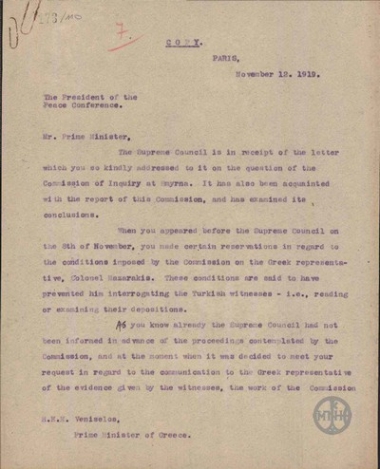 Letter from G. Clemenceau to E. Venizelos regarding the Greek occupation of Smyrni.