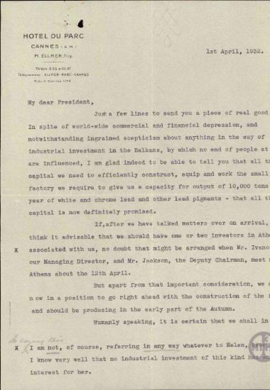 Επιστολή του A.Crosfield προς τον Ε.Βενιζέλο σχετικά με τη δημιουργία εργοστασίου παρασκευής χρωστικών ουσιών.