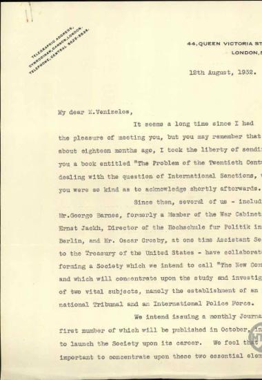 Επιστολή του Davies προς τον Ε.Βενιζέλο με την οποία του ζητεί να υπογράψει την επιστολή που του επισυνάπτουν και η οποία αφορά στην ίδρυση και τους σκοπούς της Οργάνωσης 