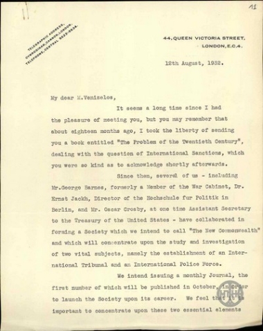 Επιστολή του Davies προς τον Ε.Βενιζέλο με την οποία του ζητεί να υπογράψει την επιστολή που του επισυνάπτουν και η οποία αφορά στην ίδρυση και τους σκοπούς της Οργάνωσης 