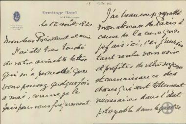 Επιστολή προς τον Ε.Βενιζέλο με την οποία ο γράφων εκφράζει τη συγκίνησή του για το γράμμα που του απέστειλε ο Βενιζέλος αλλά και τη λύπη του που δεν συναντήθηκαν στο Παρίσι ώστε να συζητήσουν για την παγκόσμια κατάσταση.