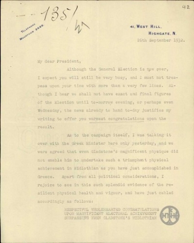Επιστολή του Arthur Crosfield προς τον Ε.Βενιζέλο με την οποία τον συγχαίρει για τα αποτελέσματα των εκλογών.