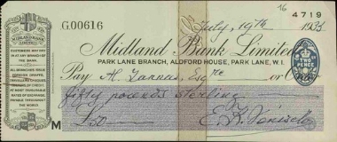 Επιταγή 50 λιρών του Ε.Βενιζέλου προς τον Α.Ζάννα.