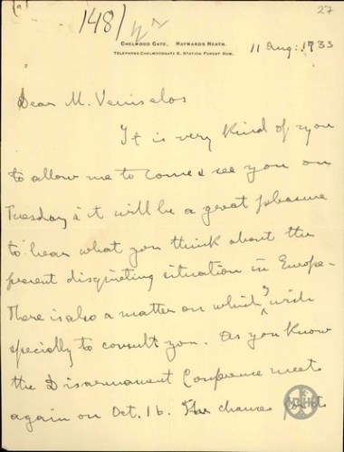 Επιστολή του Λόρδου Ρ.Σέσιλ προς τον Ε.Βενιζέλο σχετικά με την προσεχή σύσκεψη για τον αφοπλισμό και σχετικά με τις πιθανότητες επιτυχίας της.
