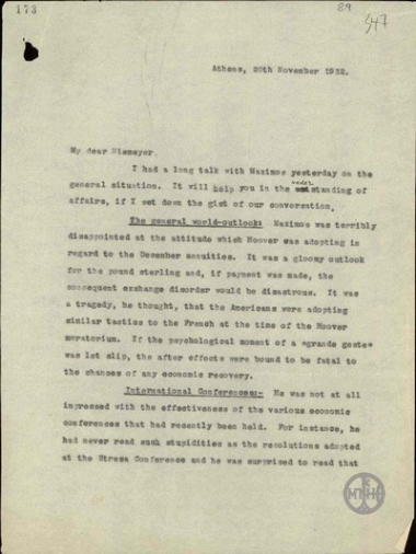 Επιστολή του H.C.F.Finlayson προς τον O.E.Niemeyer σχετικά με τη συνομιλία που είχε με τον Δ.Μάξιμο.