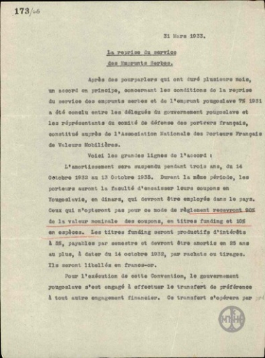 La reprise du service des Emprunts Serbes.