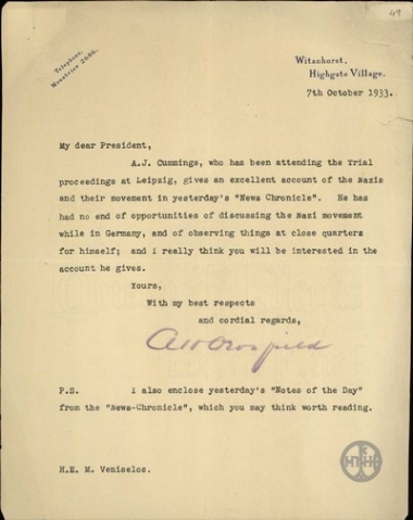 Διαβιβαστικό του A.Crosfield προς τον Ε.Βενιζέλο με το οποίο του αποστέλλει αποκόμματα της εφημερίδας 