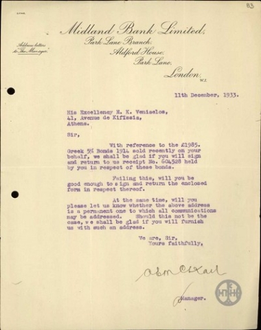Επιστολή του Διευθυντή της Midland Bank Limited προς τον Ε.Βενιζέλο σχετικά με την αποστολή απόδειξης υπογεγραμμένης για την ενταλθείσα πώληση χρεωγράφων.